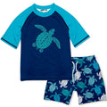 Boys Blue Turtle Short-Sleeve Rashguard Swim Set