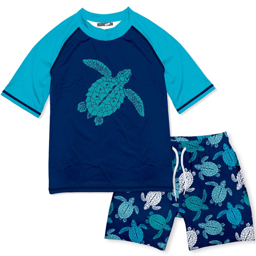 Boys Blue Turtle Short-Sleeve Rashguard Swim Set