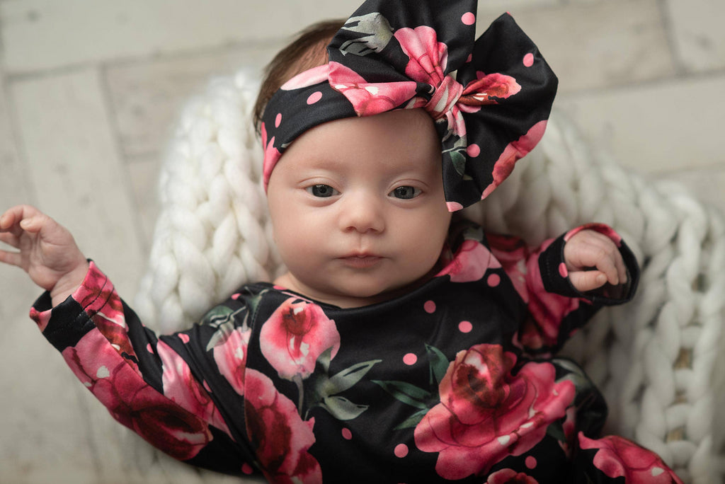 Infant Girls Black Dot Rose Baby Gown and Bow Headband