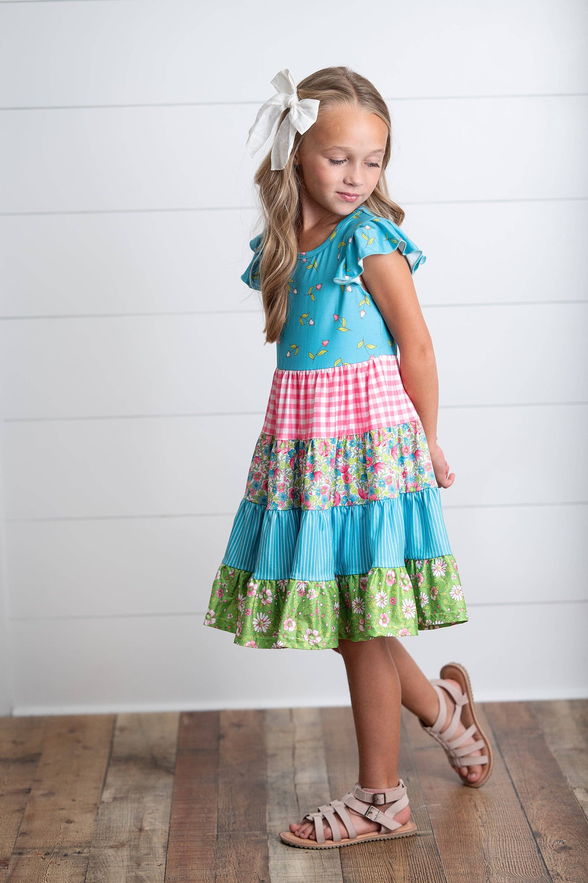 Girls Ava Twirl Teal Floral Check Tiered Spring Easter Dress