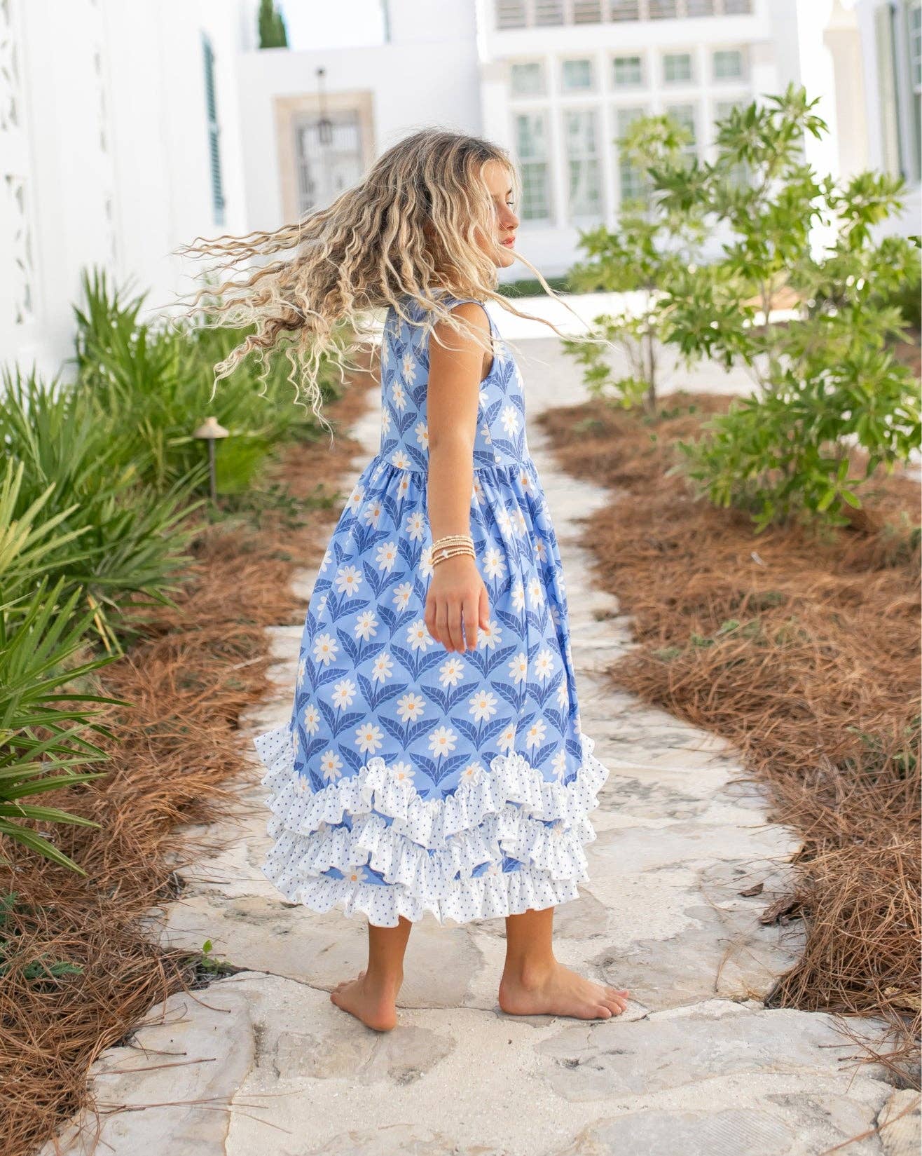 Girls Olivia 3 Ruffle Blue Floral Spring Summer Dress