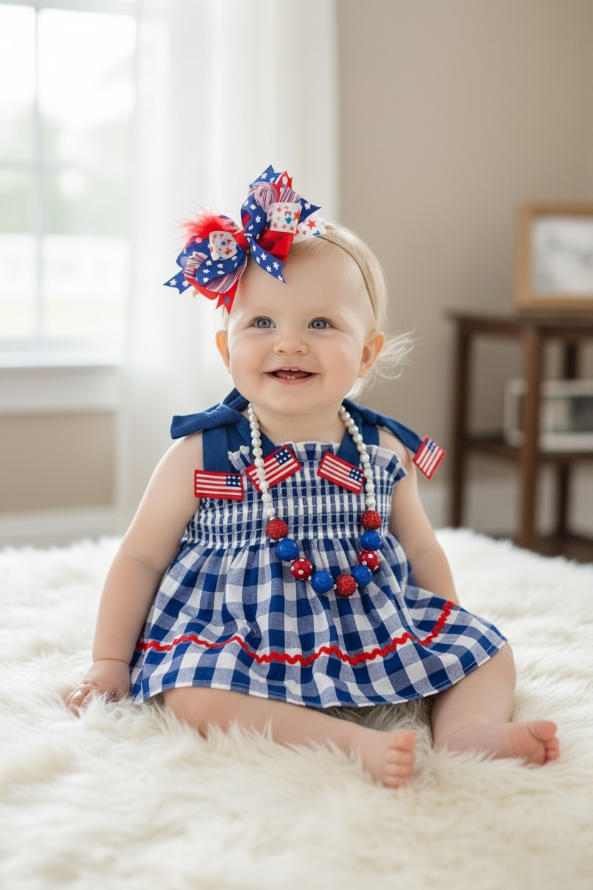 Navy blue & white smocked gingham tunic & baby bloomers. RPG60549 JEAN