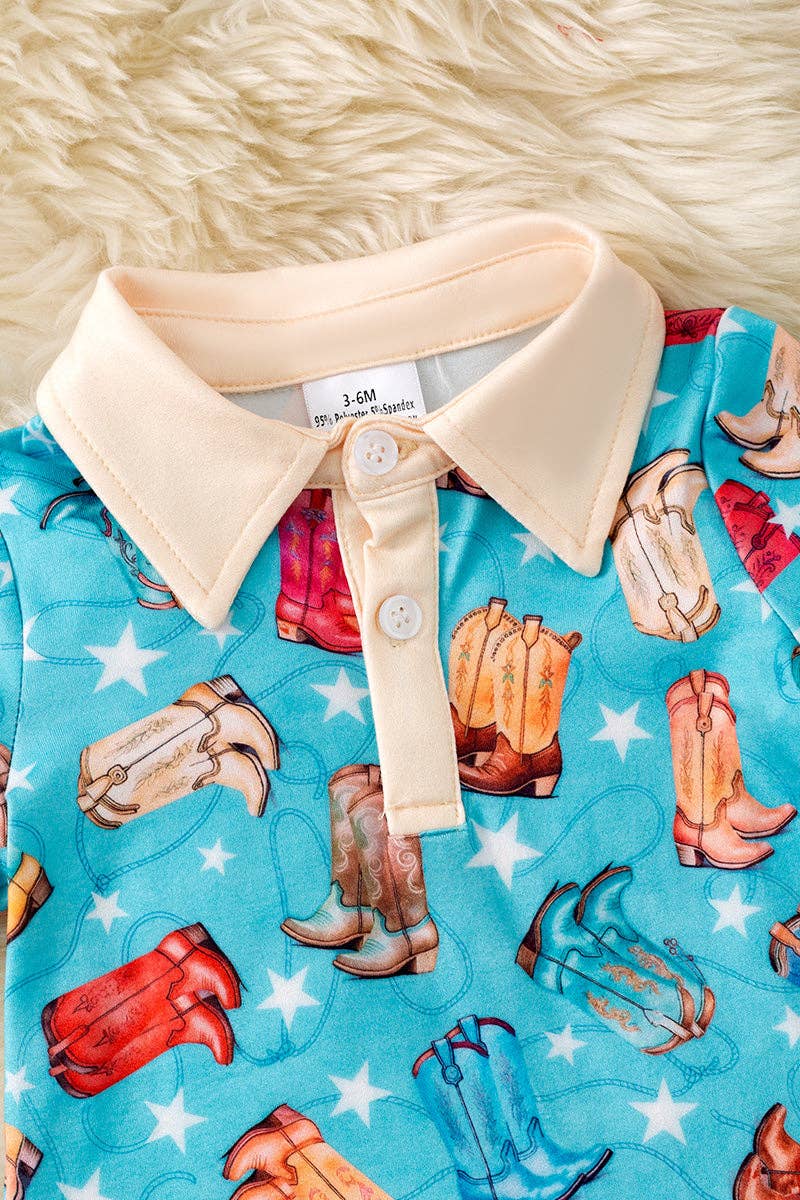 Turquoise multi-printed boot romper with cream hem. RPB60305 JEAN
