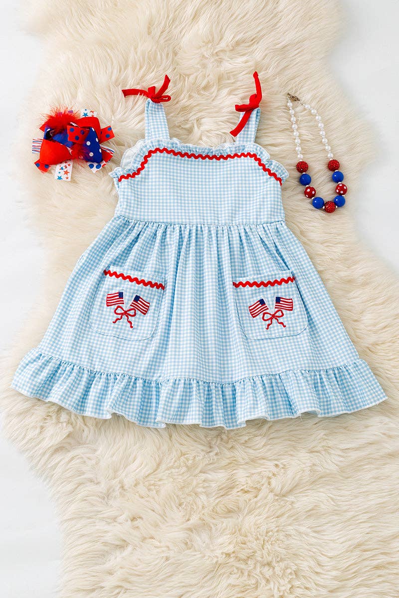 Patriotic front pocket gingham ruffle hem dress. DRG60740 AMY