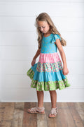 Girls Ava Twirl Teal Floral Check Tiered Spring Easter Dress