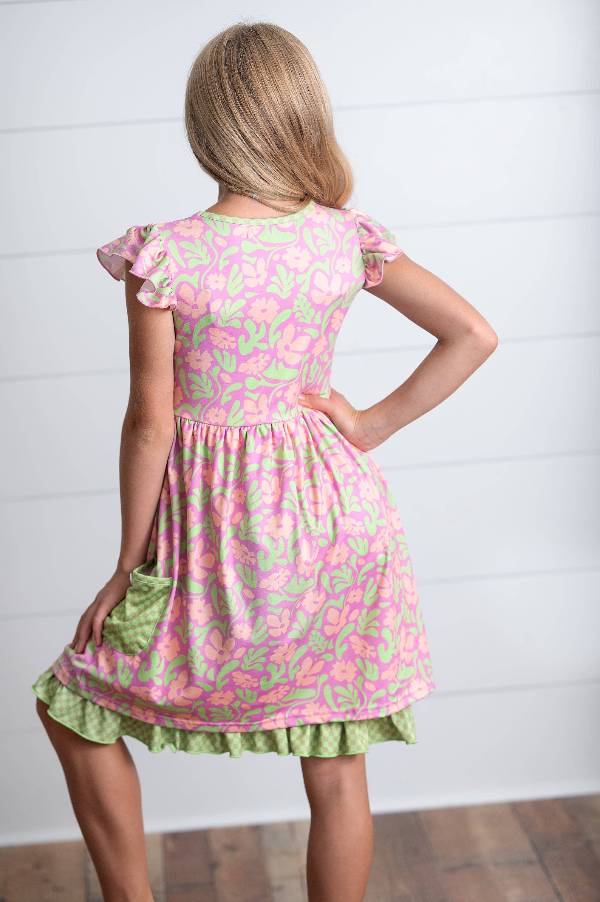 Girls Camila Green Floral Button Pocket Spring Summer Dress