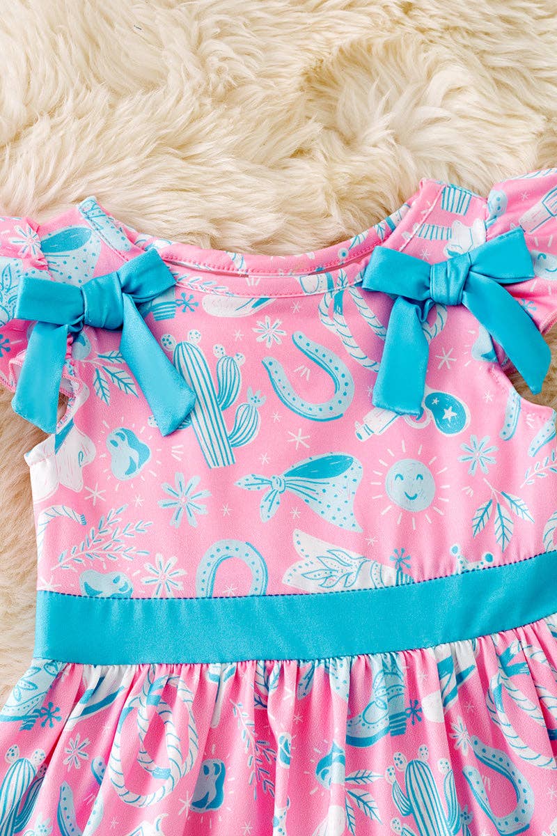 Turquoise and blue western printed girls dress with side bows. DRG52622 SOL