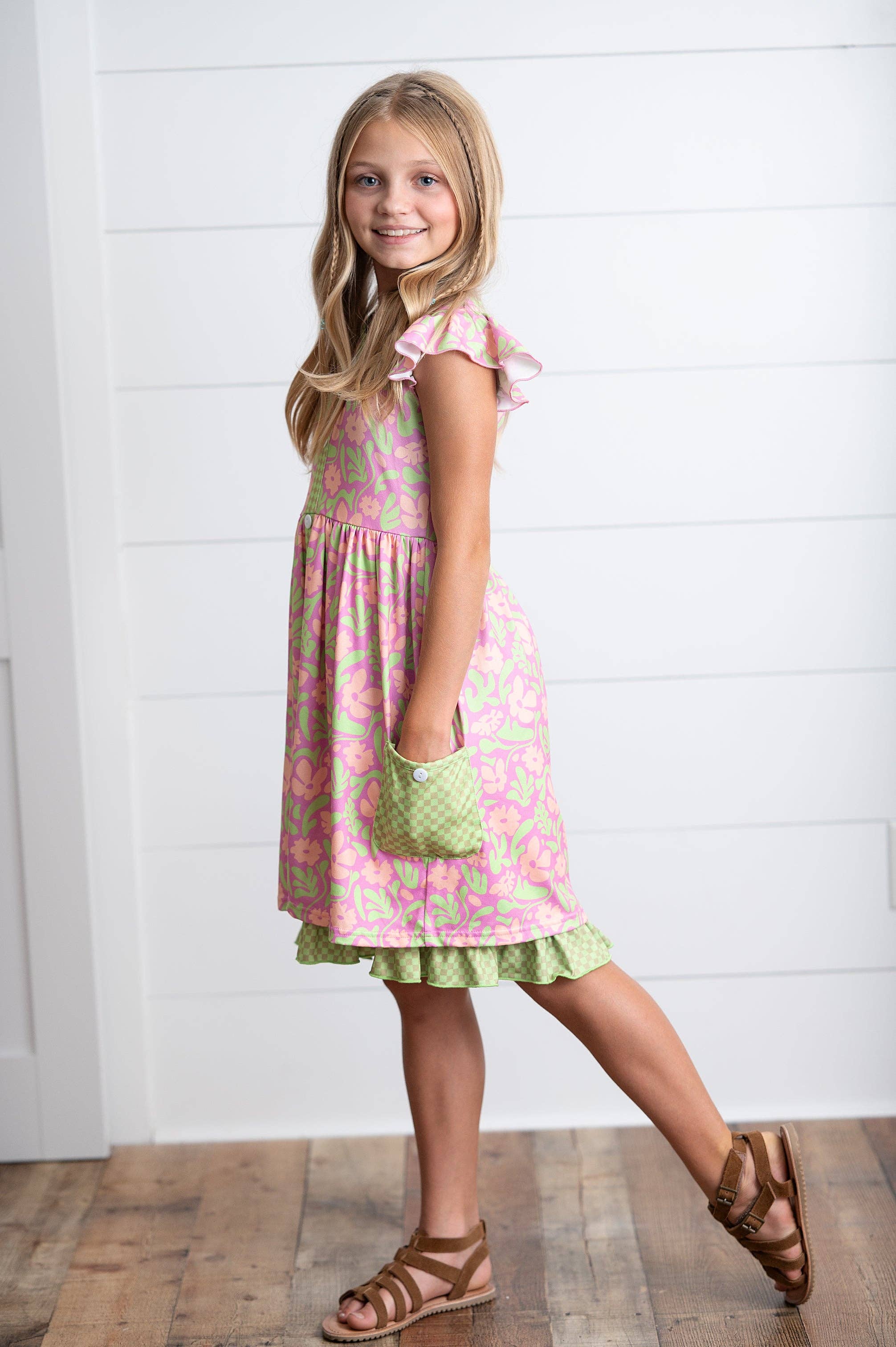 Girls Camila Green Floral Button Pocket Spring Summer Dress