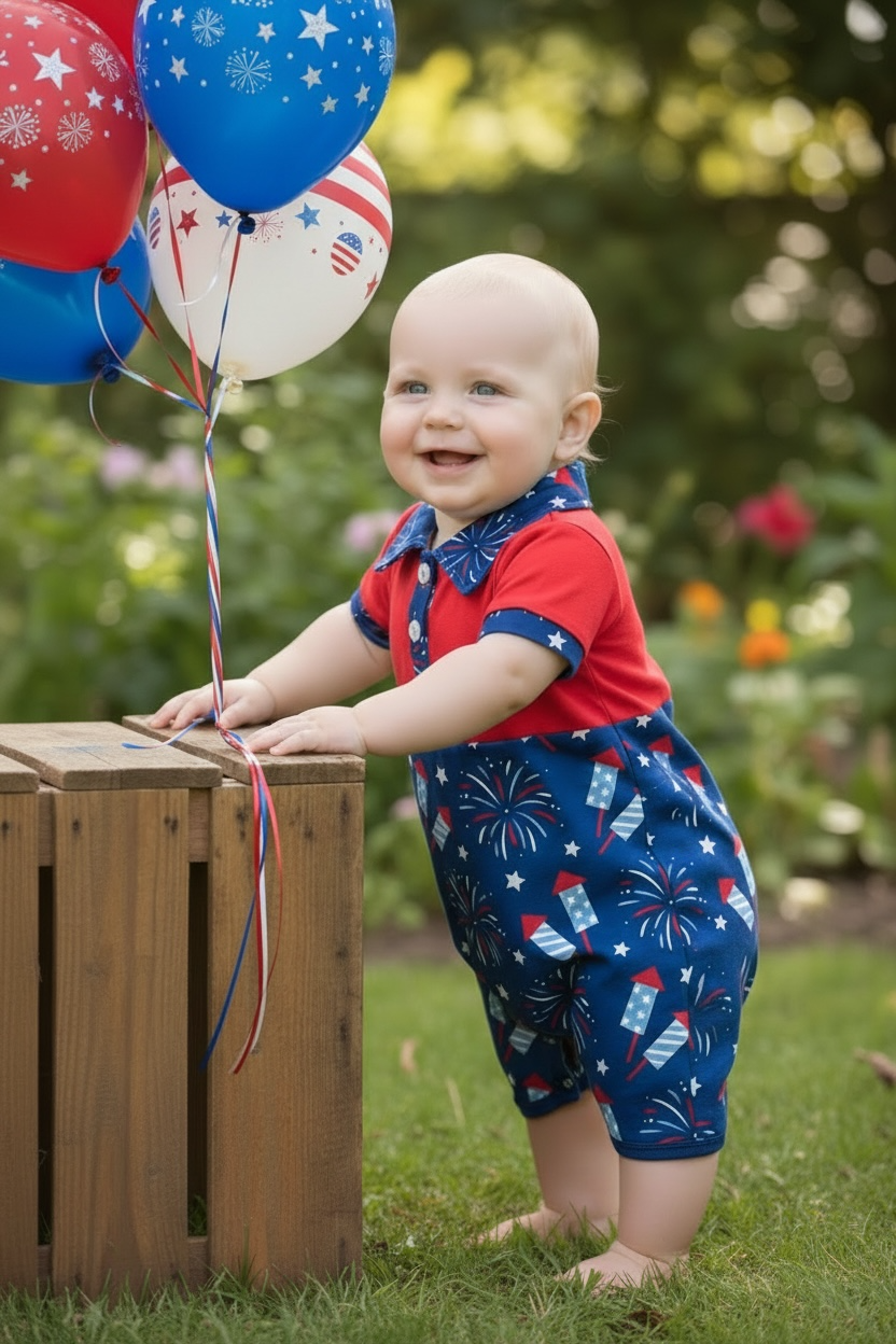 Red & navy blue patriotic baby romper with snaps. RPB60254 AMY