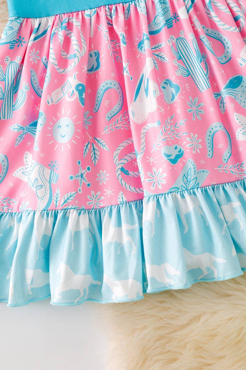 Turquoise and blue western printed girls dress with side bows. DRG52622 SOL