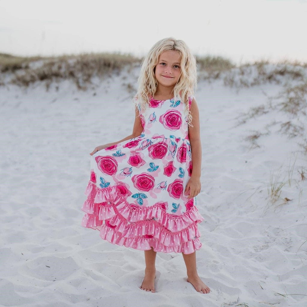 Girls Pink Rose 3 Ruffle Spring Summer Easter Dress