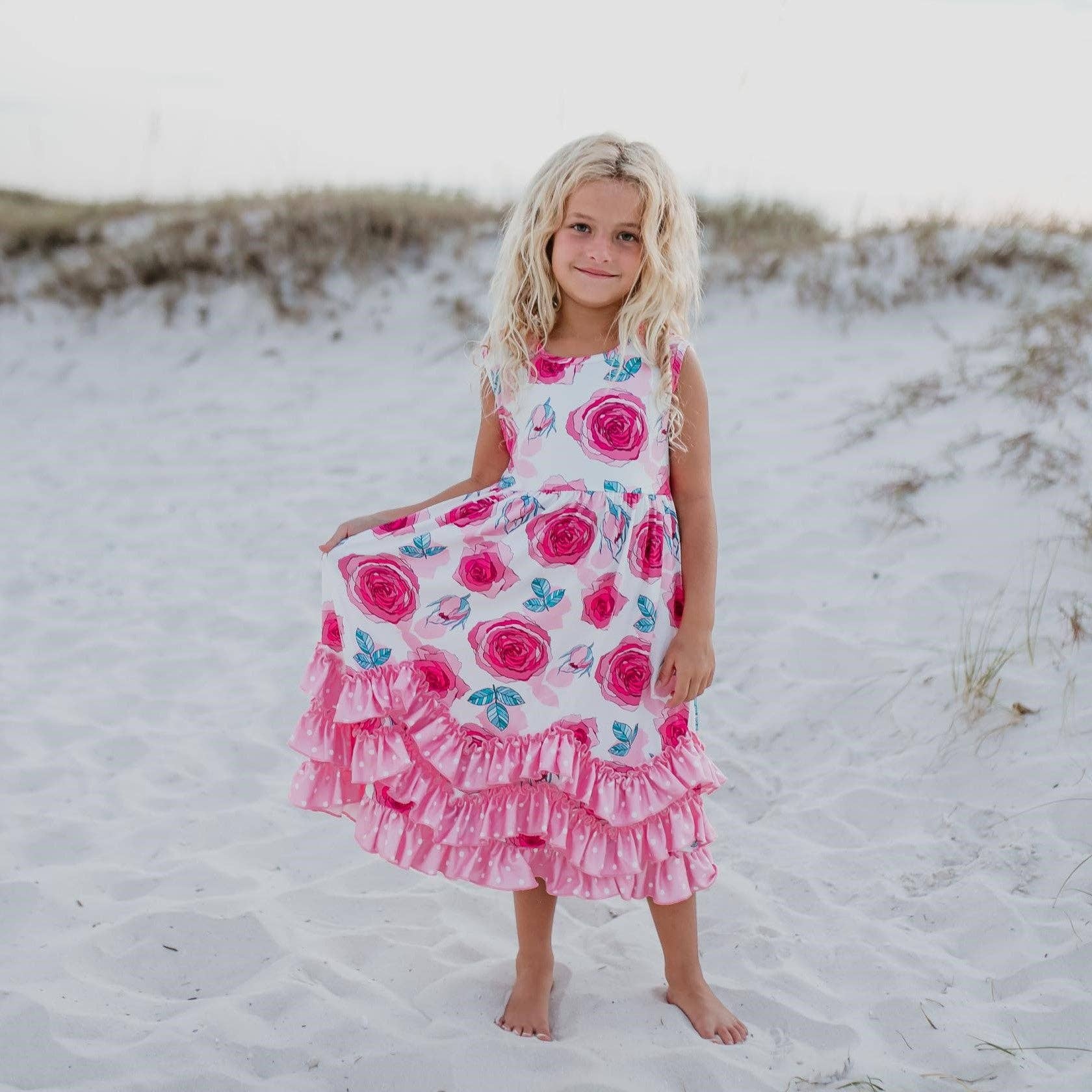 Girls Pink Rose 3 Ruffle Spring Summer Easter Dress