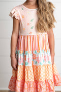 Girls Orange Pink Ava Retro Floral Check Spring Tiered Dress
