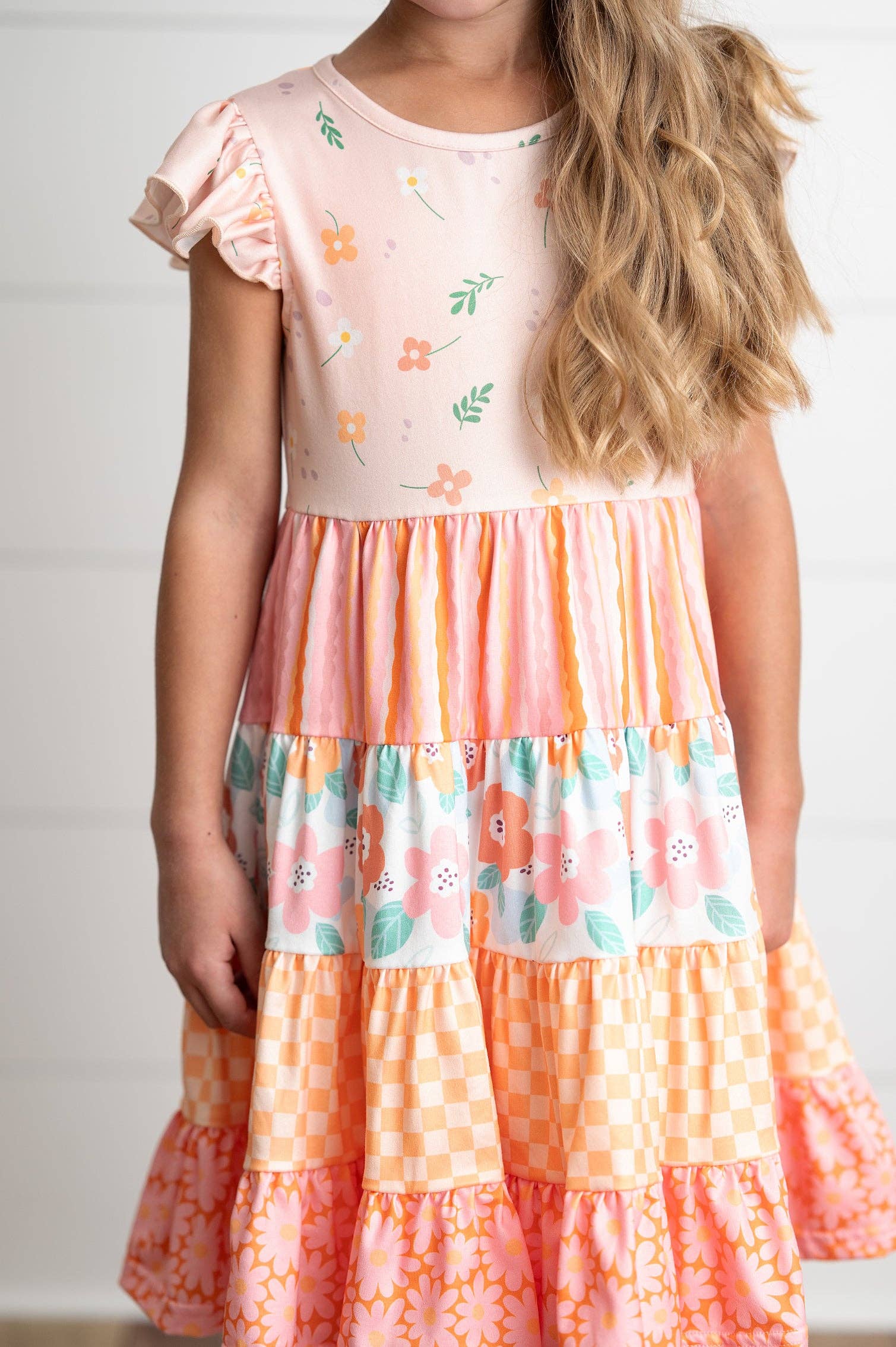 Girls Orange Pink Ava Retro Floral Check Spring Tiered Dress
