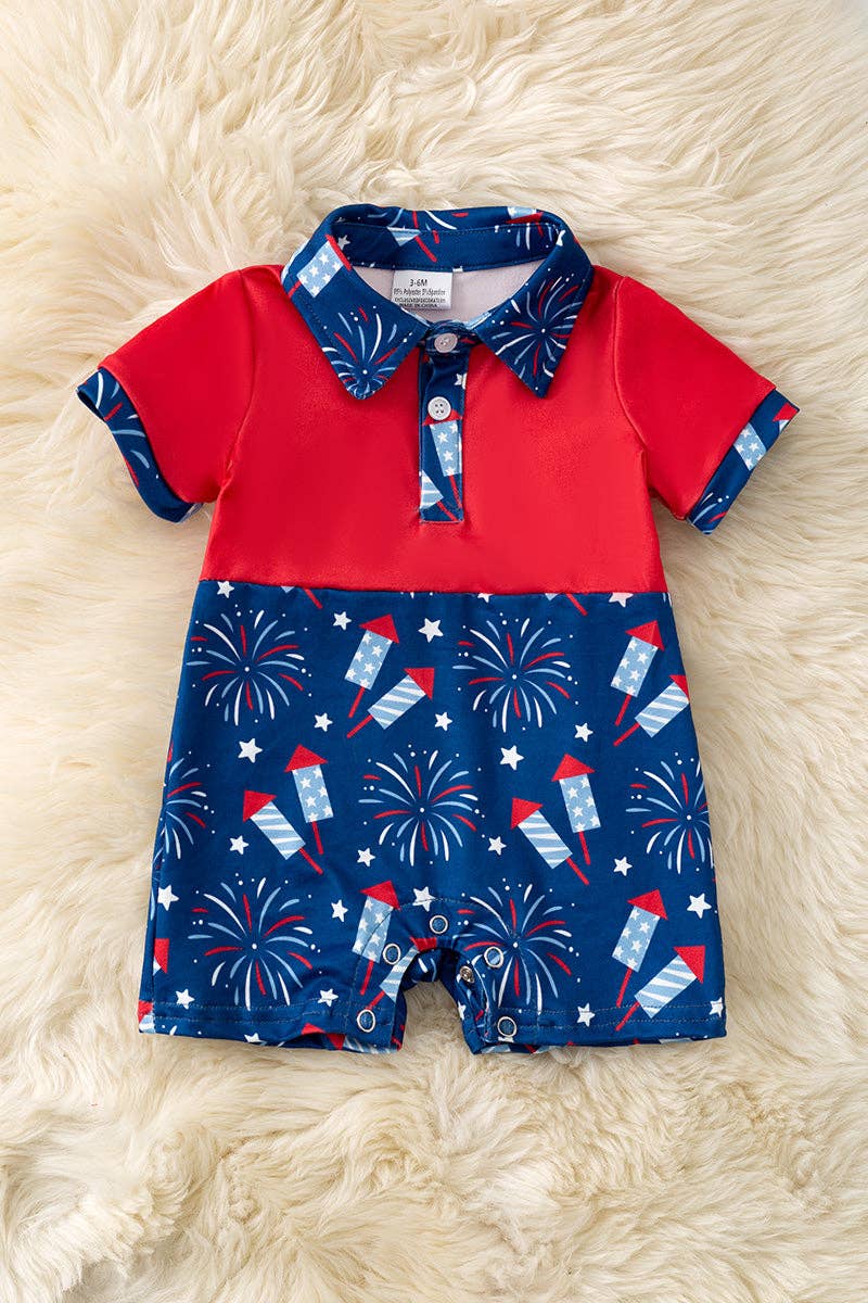 Red & navy blue patriotic baby romper with snaps. RPB60254 AMY