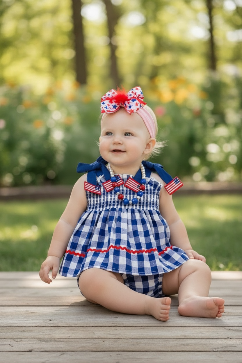 Navy blue & white smocked gingham tunic & baby bloomers. RPG60549 JEAN