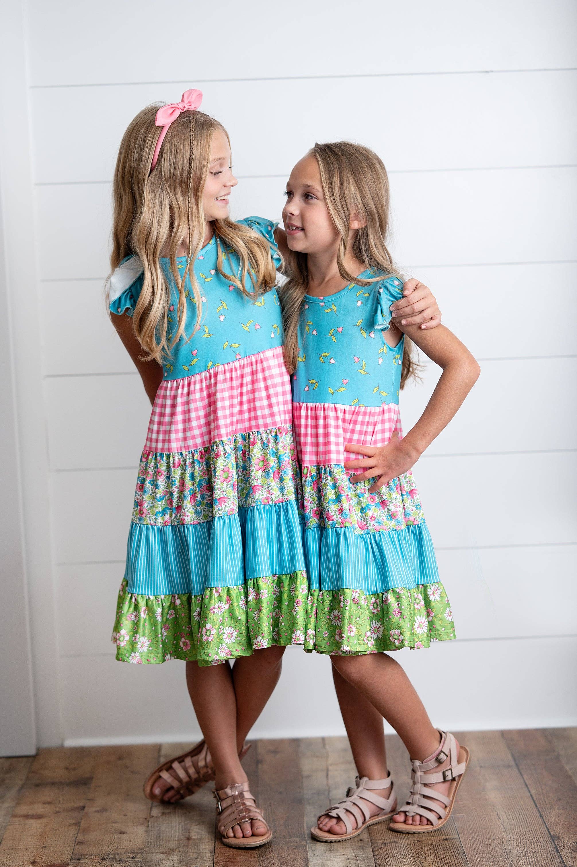 Girls Ava Twirl Teal Floral Check Tiered Spring Easter Dress