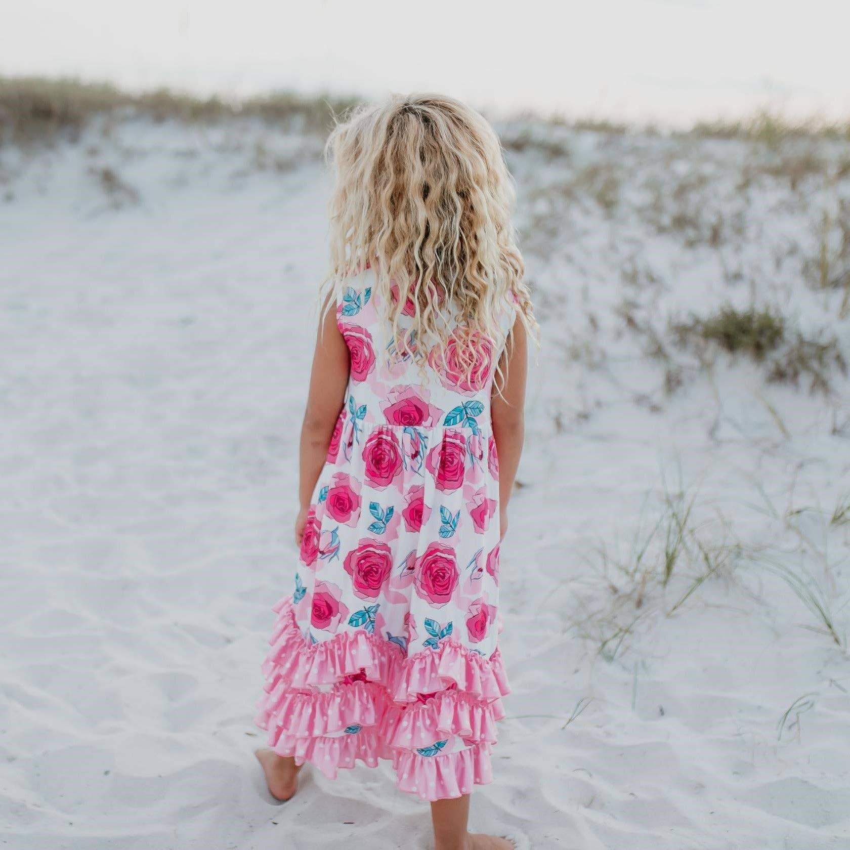 Girls Pink Rose 3 Ruffle Spring Summer Easter Dress