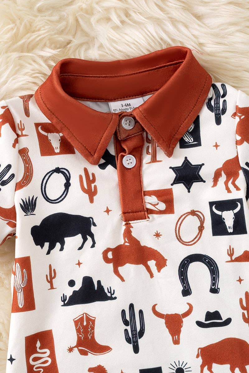 Ivory multi-printed western baby romper with snaps. RPB60290 AMY