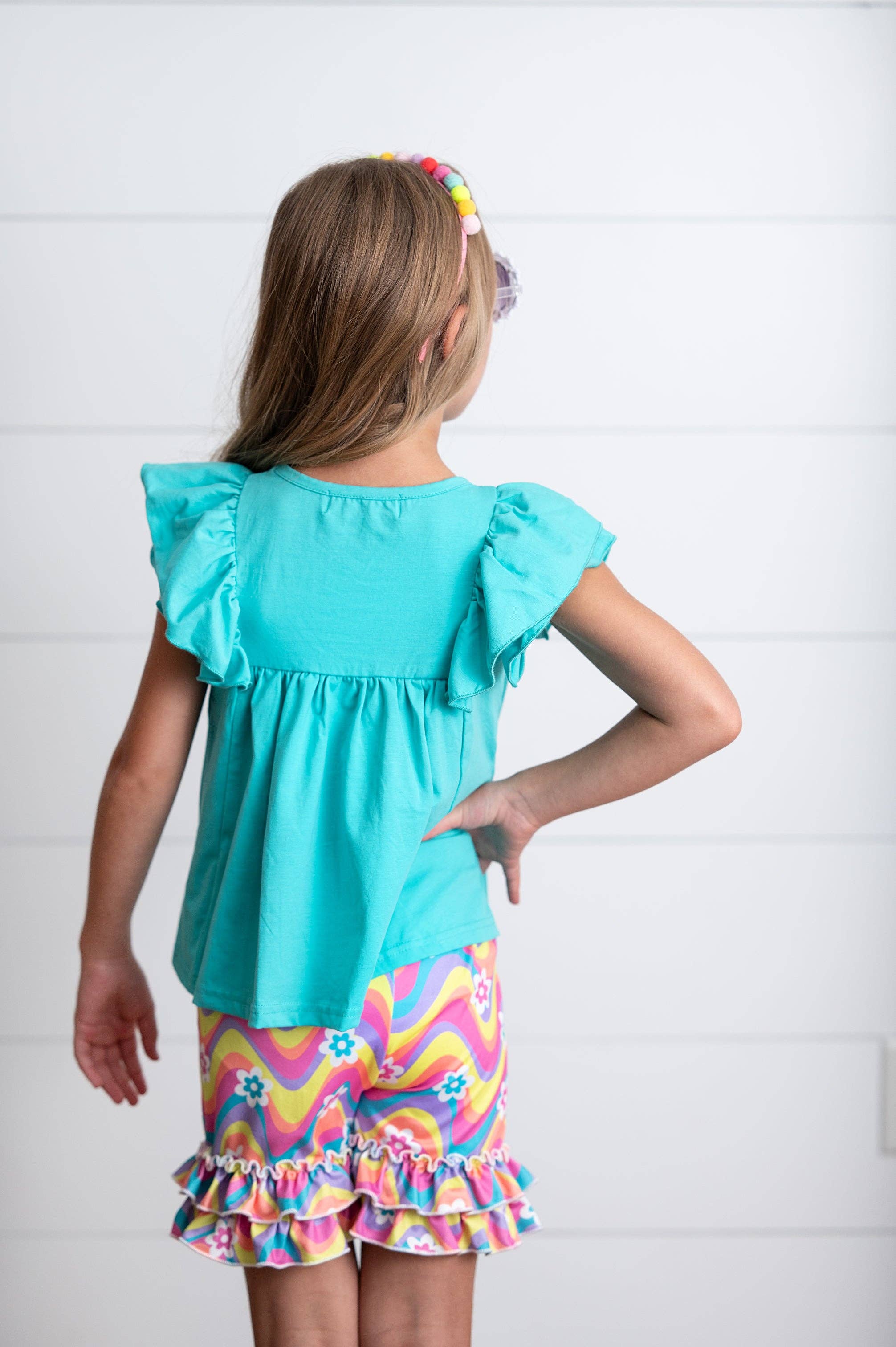 Kids Bright Blue Tie Dye Wave Spring Ruffle Short Set