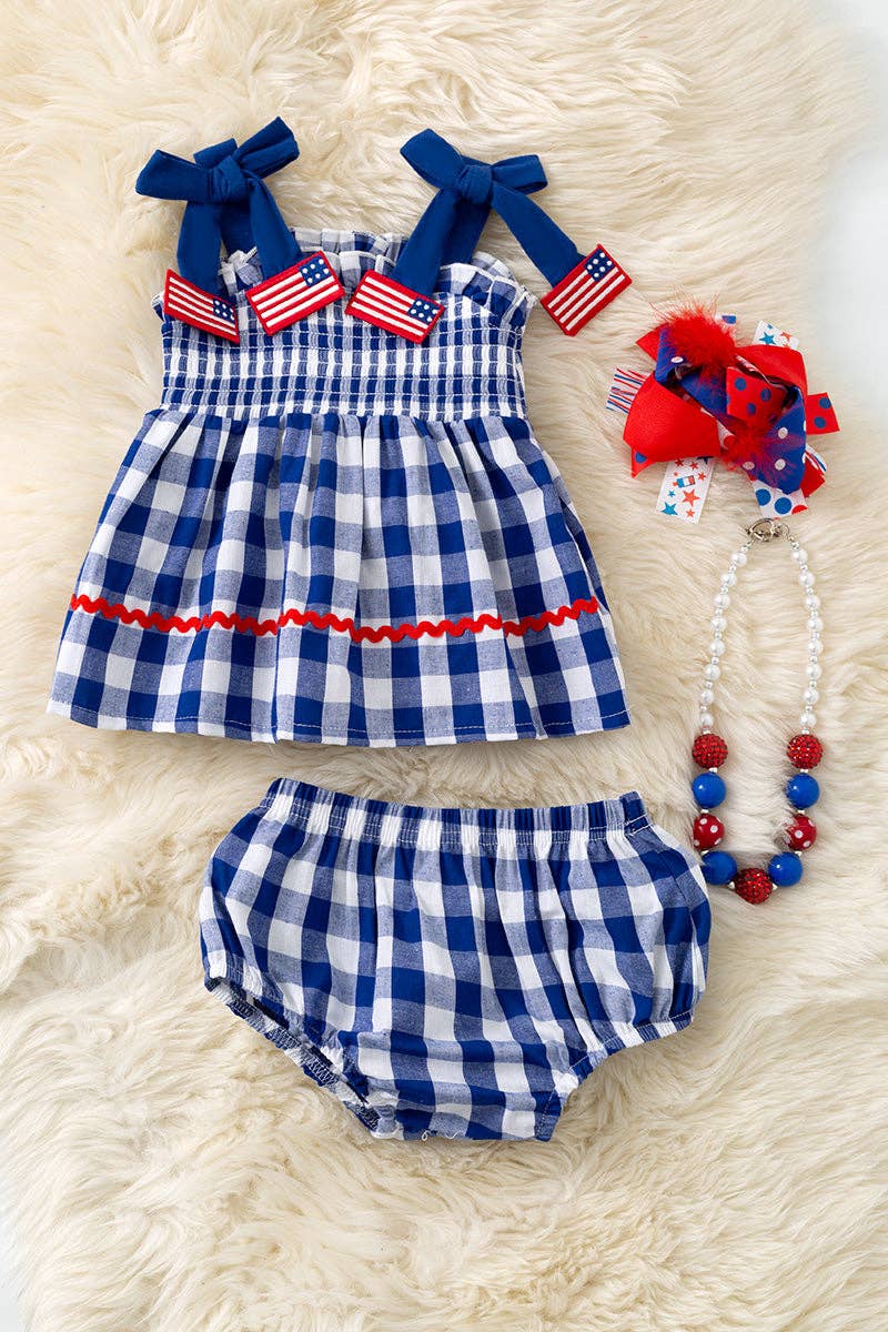 Navy blue & white smocked gingham tunic & baby bloomers. RPG60549 JEAN
