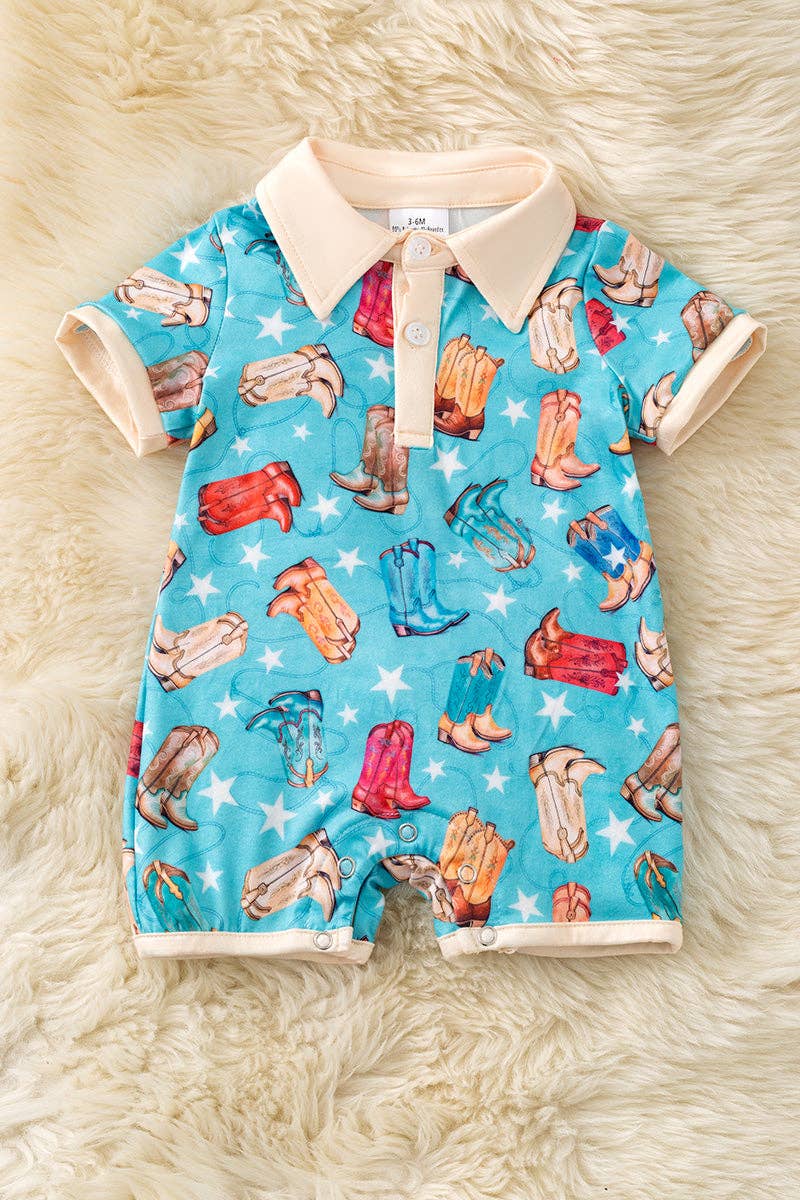 Turquoise multi-printed boot romper with cream hem. RPB60305 JEAN