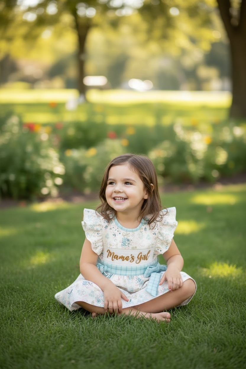 "Mama's Girl" Embroidery dress with blue floral print.  DRG61561 JEAN