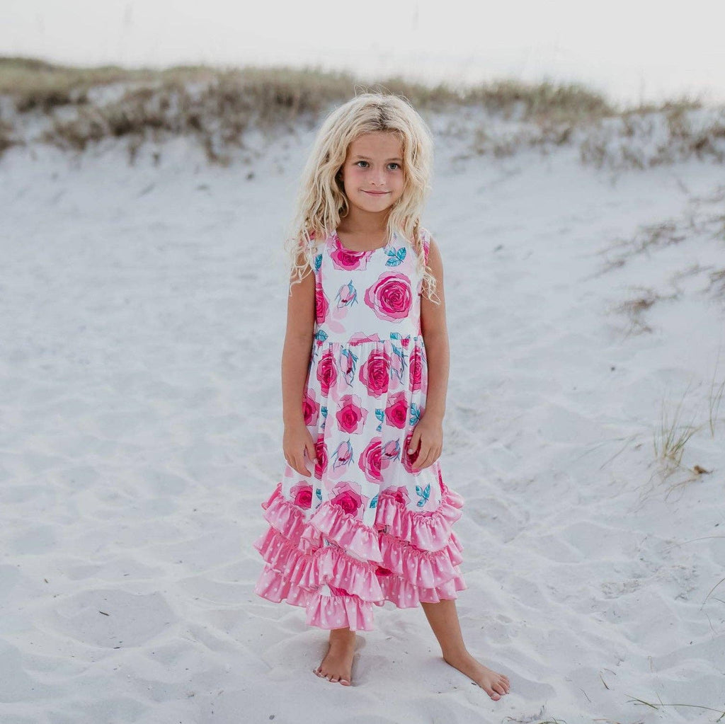 Girls Pink Rose 3 Ruffle Spring Summer Easter Dress