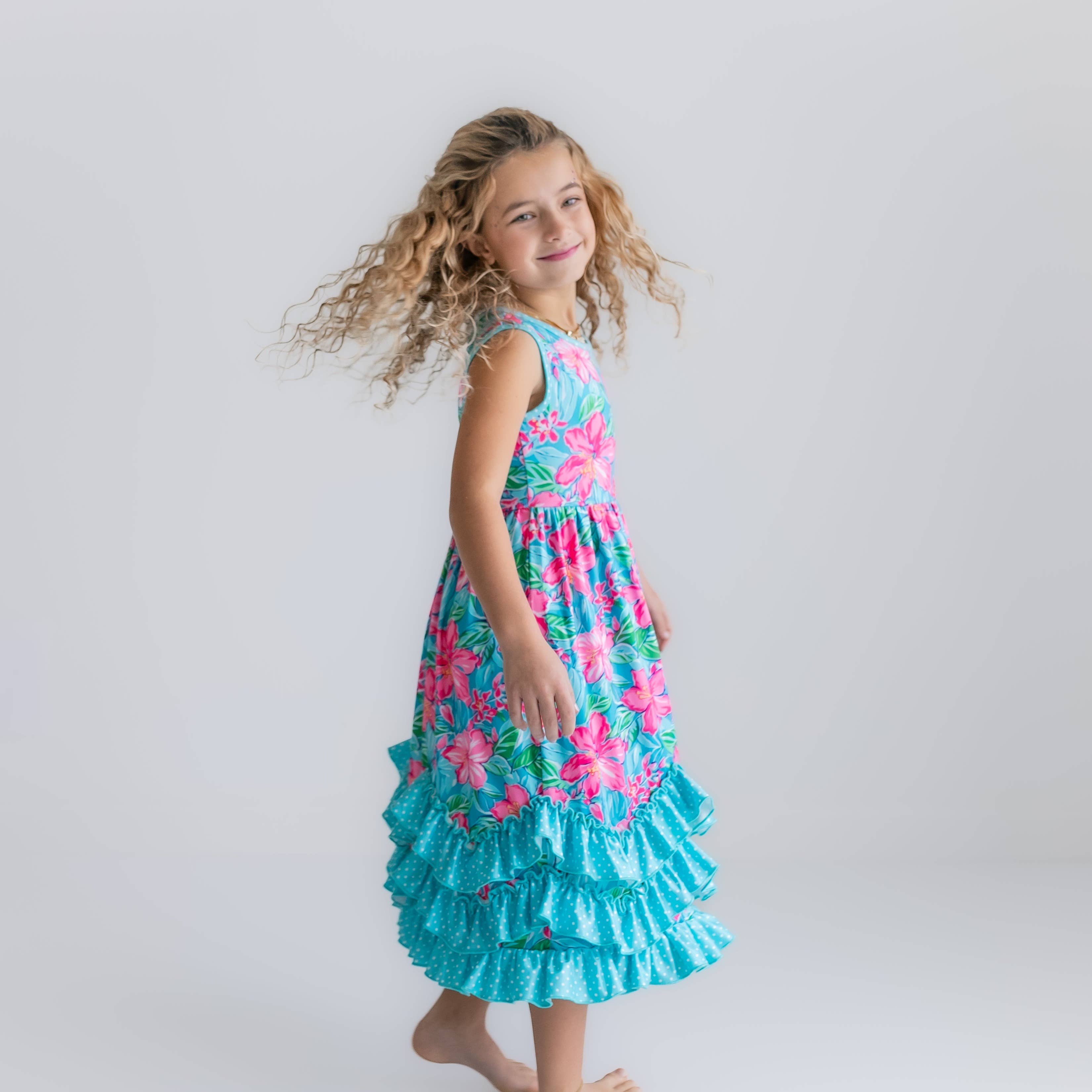 Kids Pink Blue Tropical 3 Ruffle Spring Summer Easter Dress