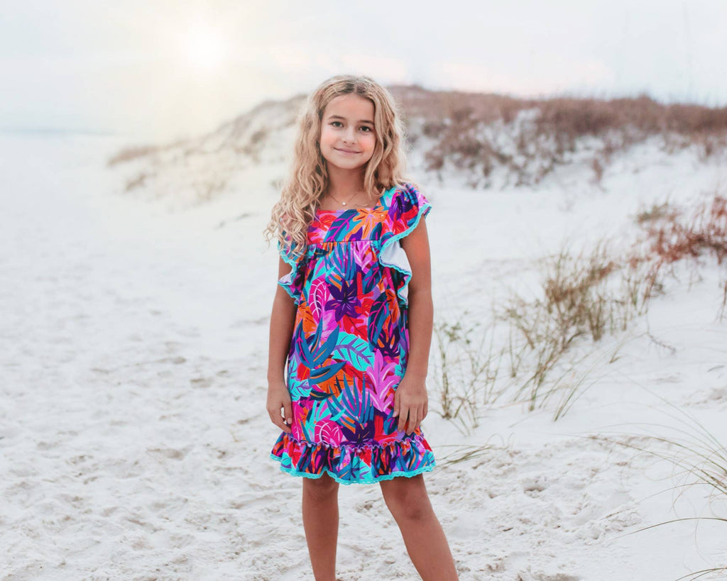 Girls Bright Pink Blue Tropical Ruffle Spring Summer Dress