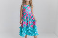 Kids Pink Blue Tropical 3 Ruffle Spring Summer Easter Dress