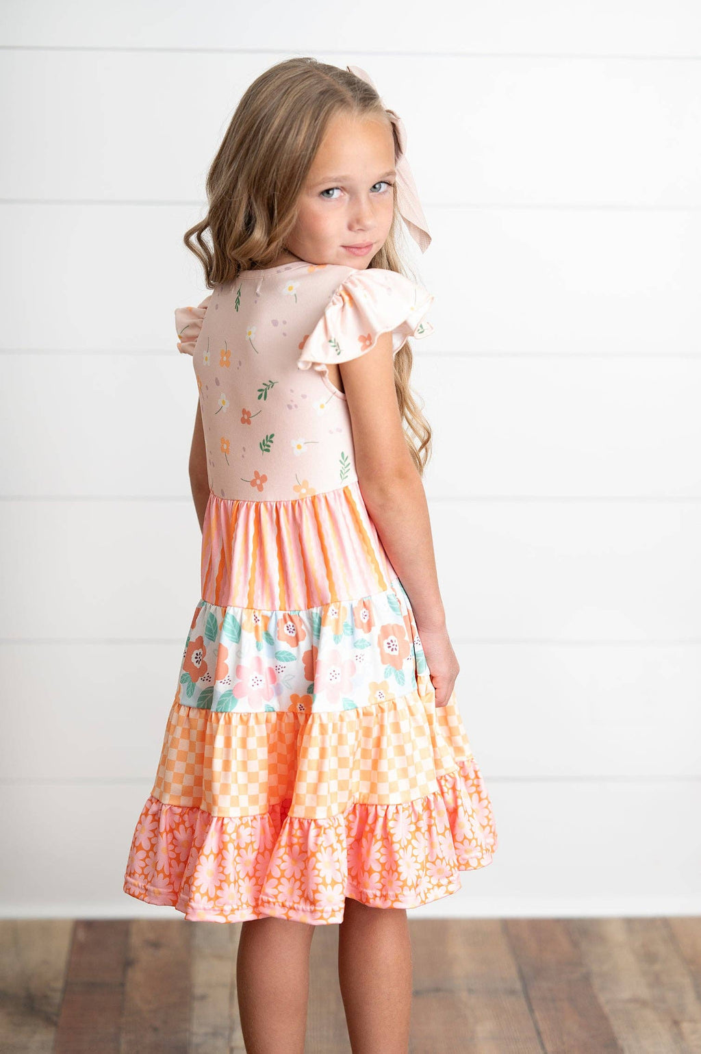 Girls Orange Pink Ava Retro Floral Check Spring Tiered Dress