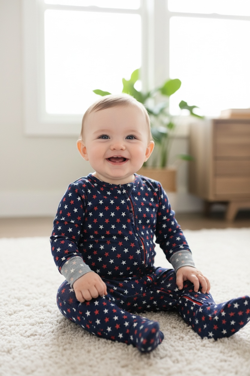 Dreamiere Branded Bamboo red white and blue stars. Size 3-6 months