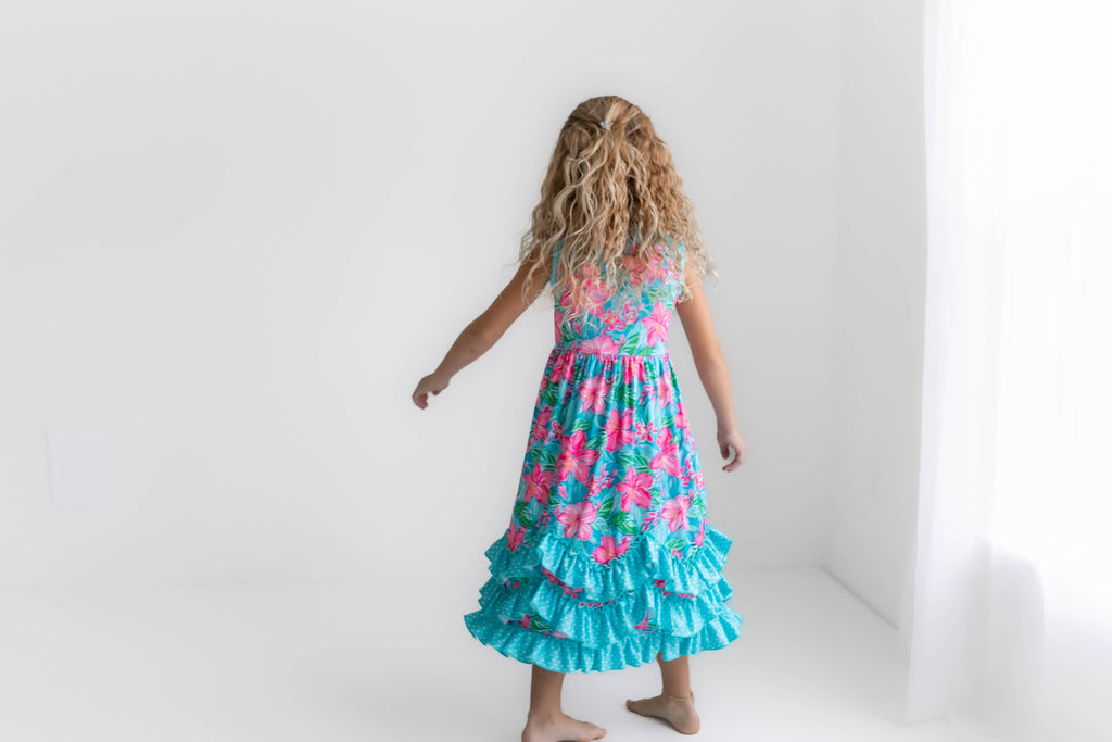 Kids Pink Blue Tropical 3 Ruffle Spring Summer Easter Dress