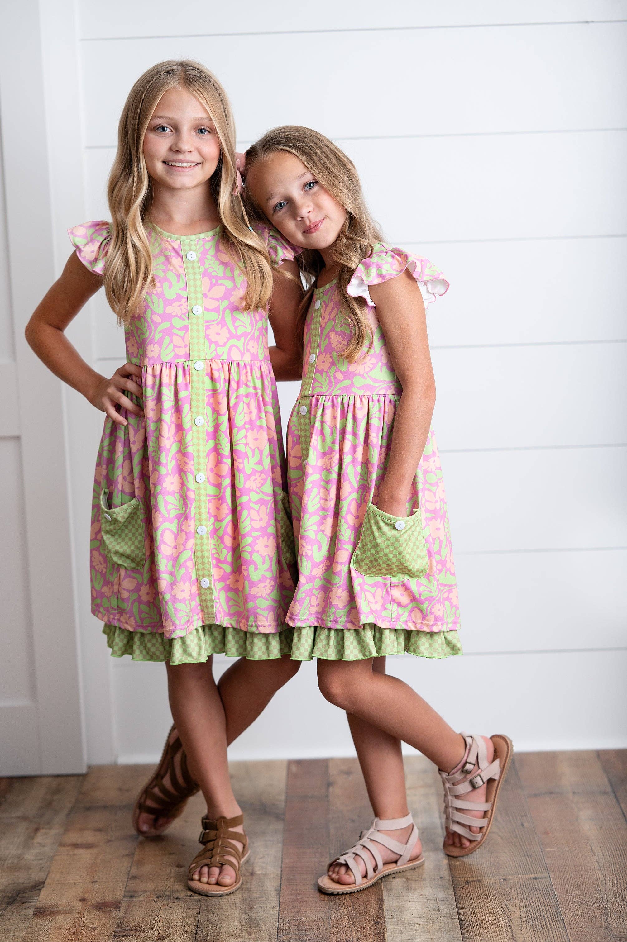 Girls Camila Green Floral Button Pocket Spring Summer Dress