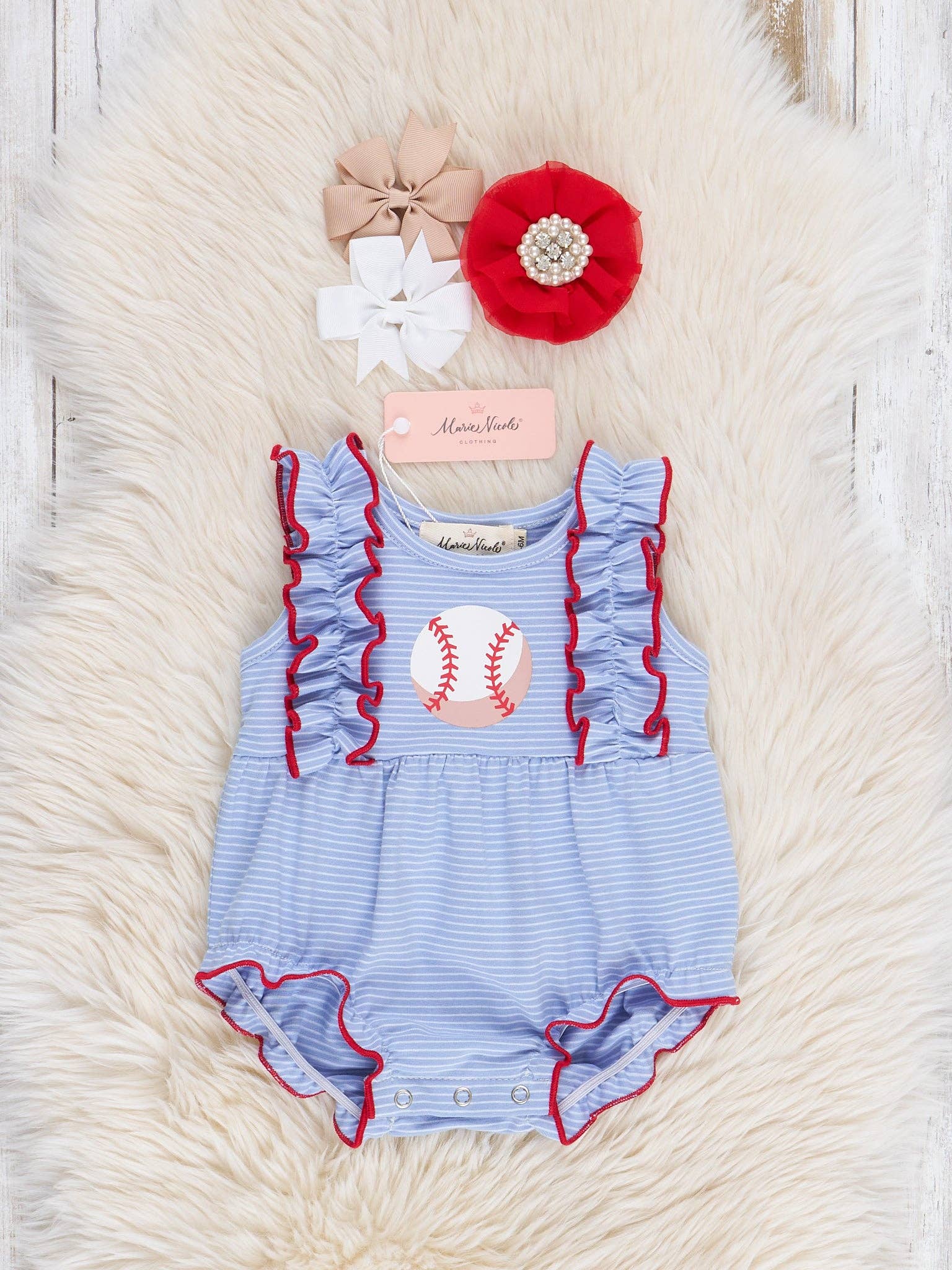 Striped Baseball Cotton Ruffle Bubble Romper