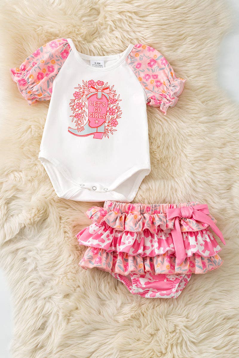 Let's go girls" Western printed baby bodysuit & ruffle skirt. RPG60811 JEAN