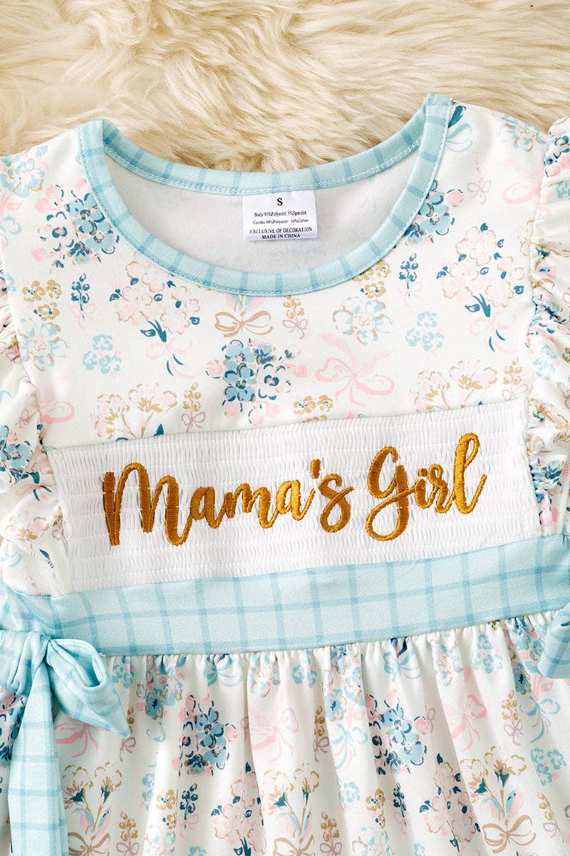 "Mama's Girl" Embroidery dress with blue floral print.  DRG61561 JEAN