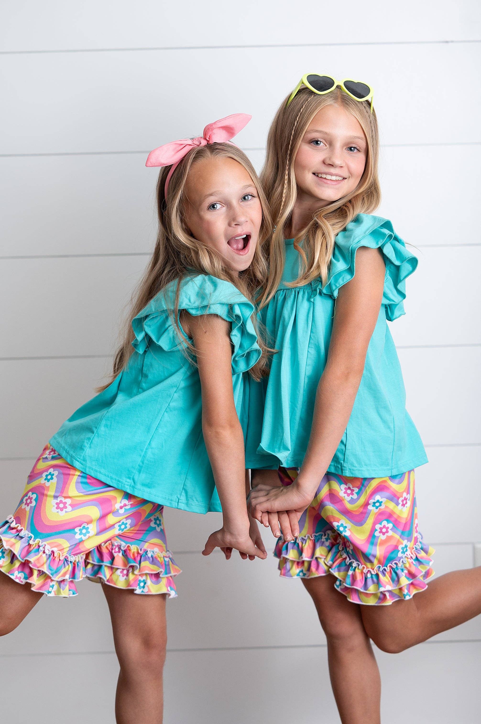Kids Bright Blue Tie Dye Wave Spring Ruffle Short Set