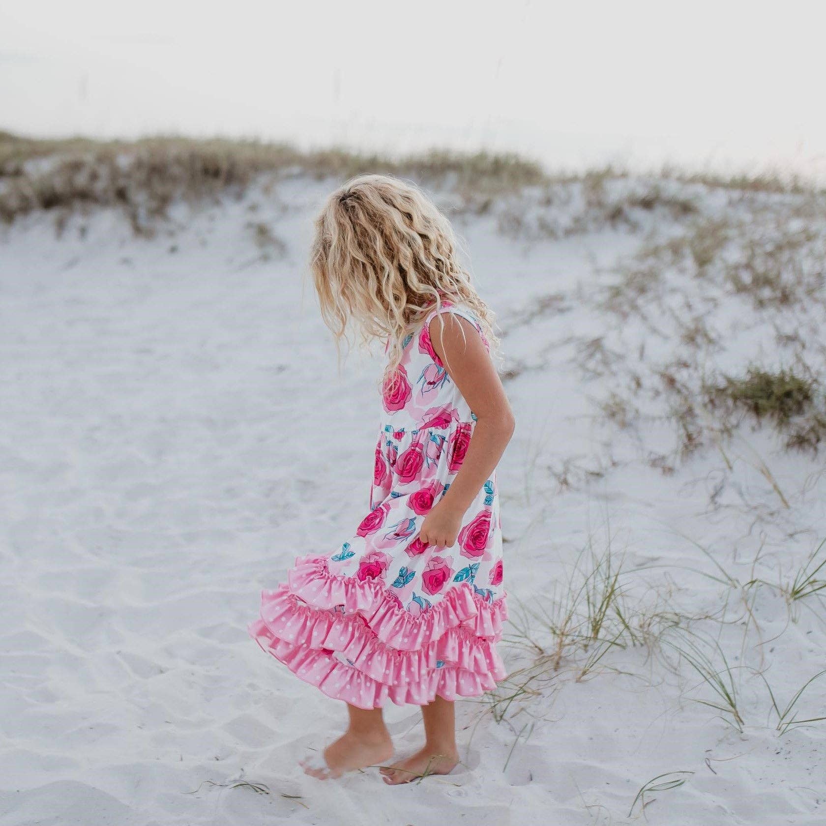 Girls Pink Rose 3 Ruffle Spring Summer Easter Dress