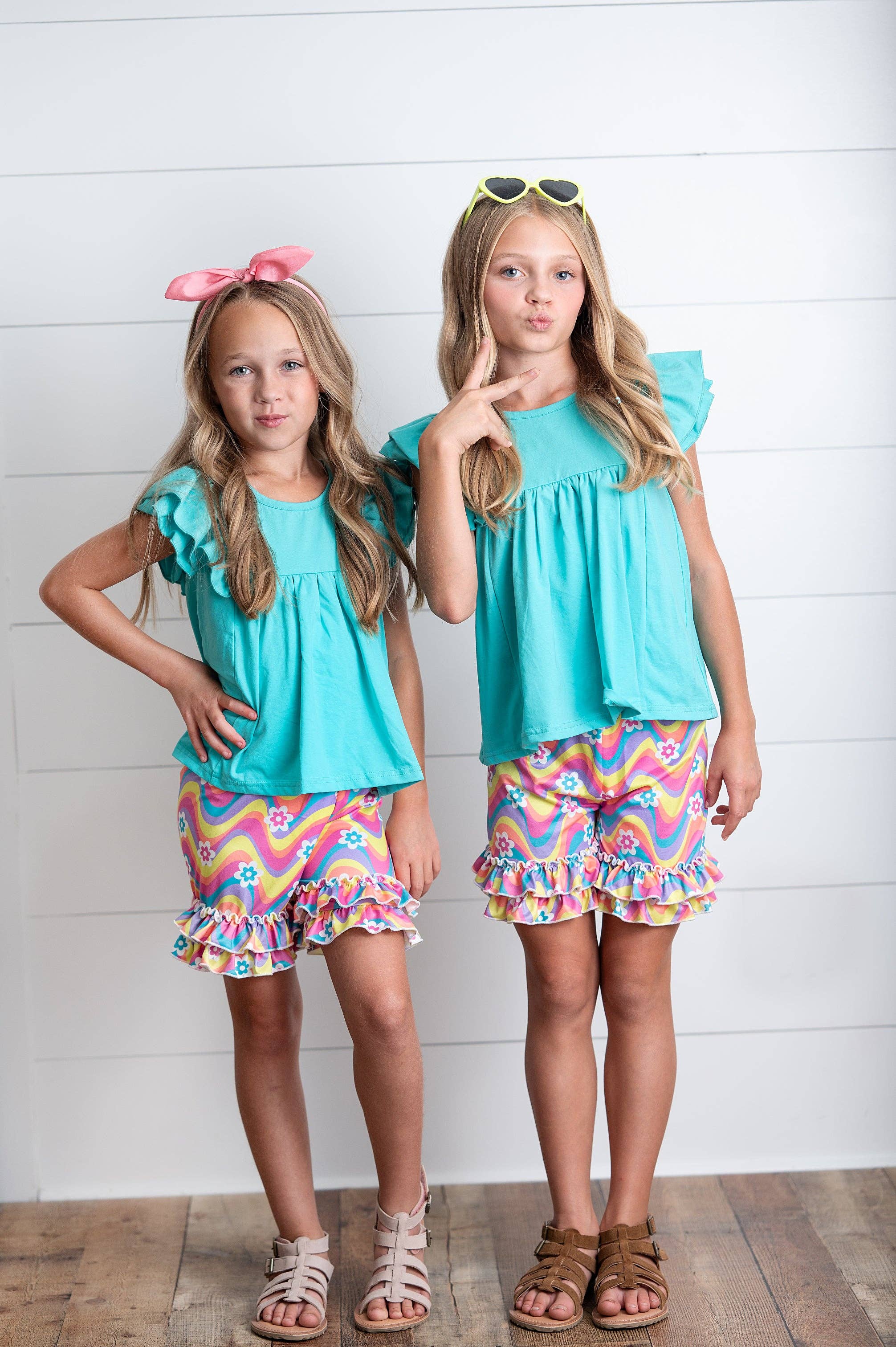 Kids Bright Blue Tie Dye Wave Spring Ruffle Short Set