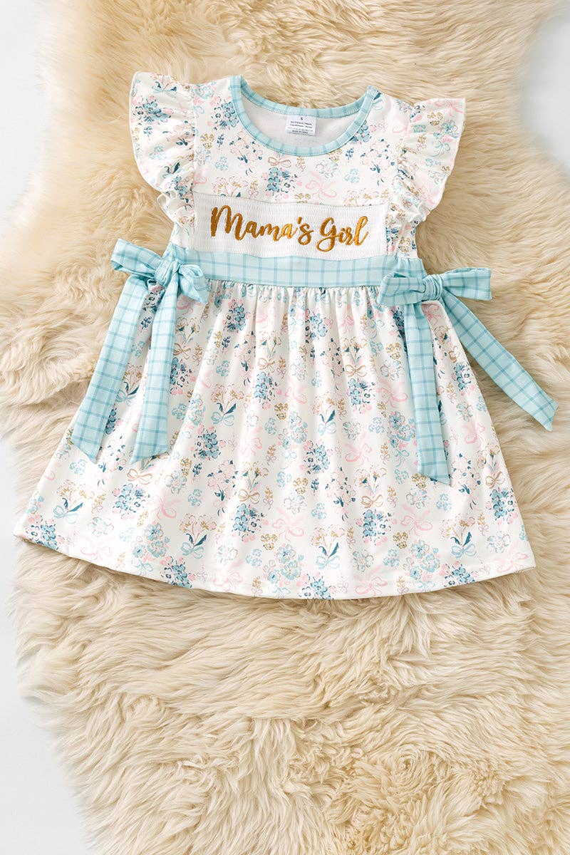 "Mama's Girl" Embroidery dress with blue floral print.  DRG61561 JEAN