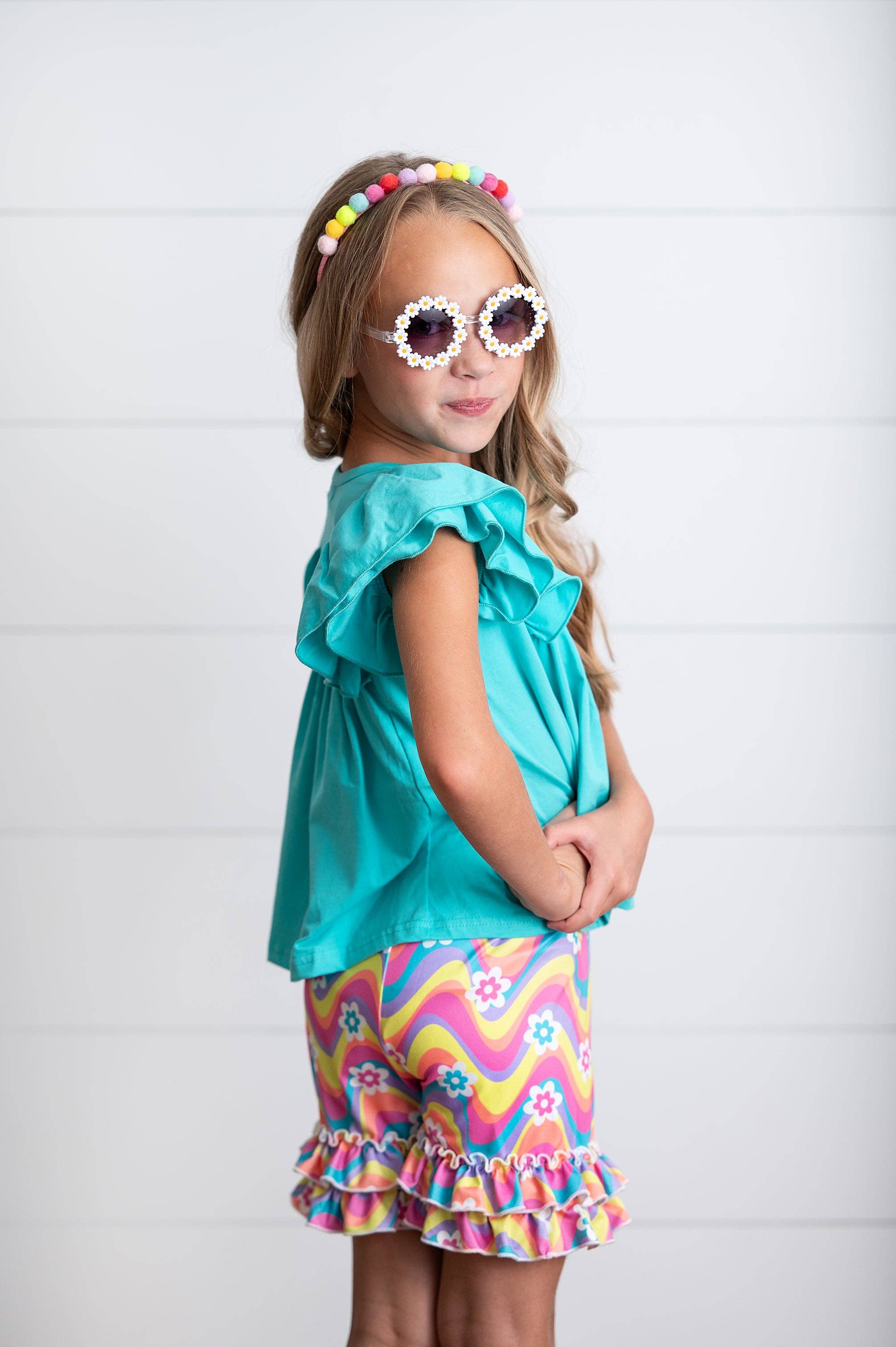 Kids Bright Blue Tie Dye Wave Spring Ruffle Short Set