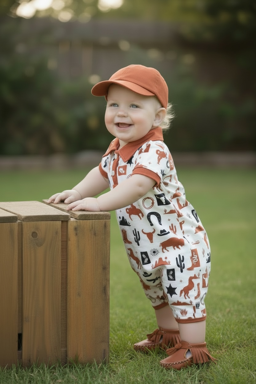 Ivory multi-printed western baby romper with snaps. RPB60290 AMY