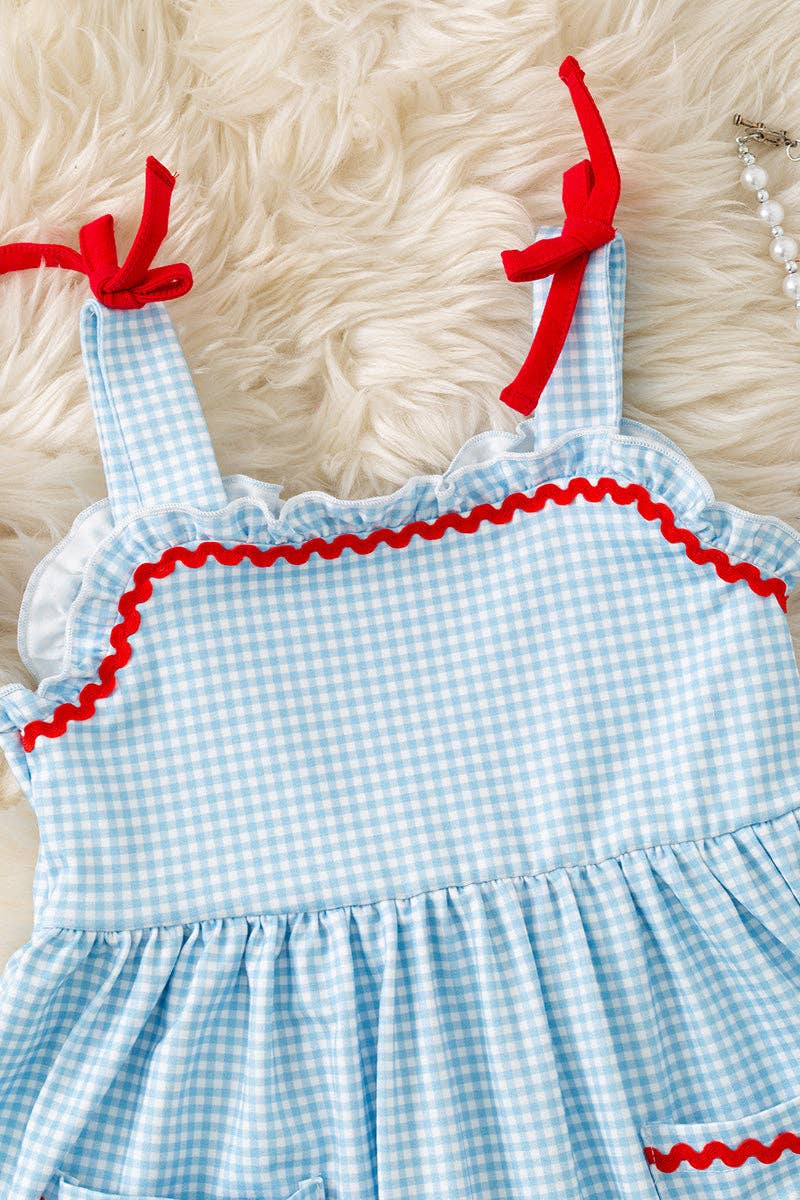 Patriotic front pocket gingham ruffle hem dress. DRG60740 AMY