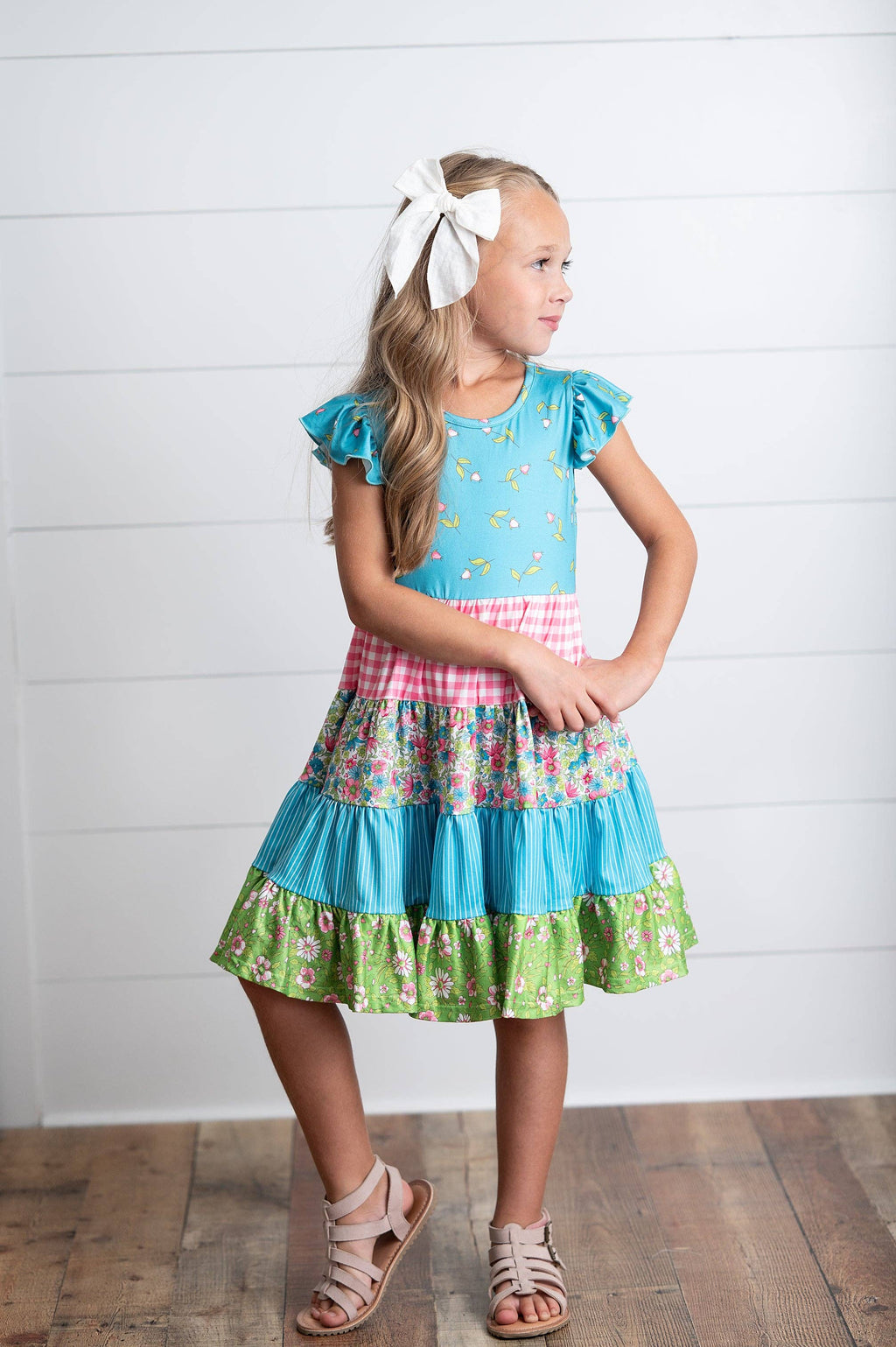 Girls Ava Twirl Teal Floral Check Tiered Spring Easter Dress