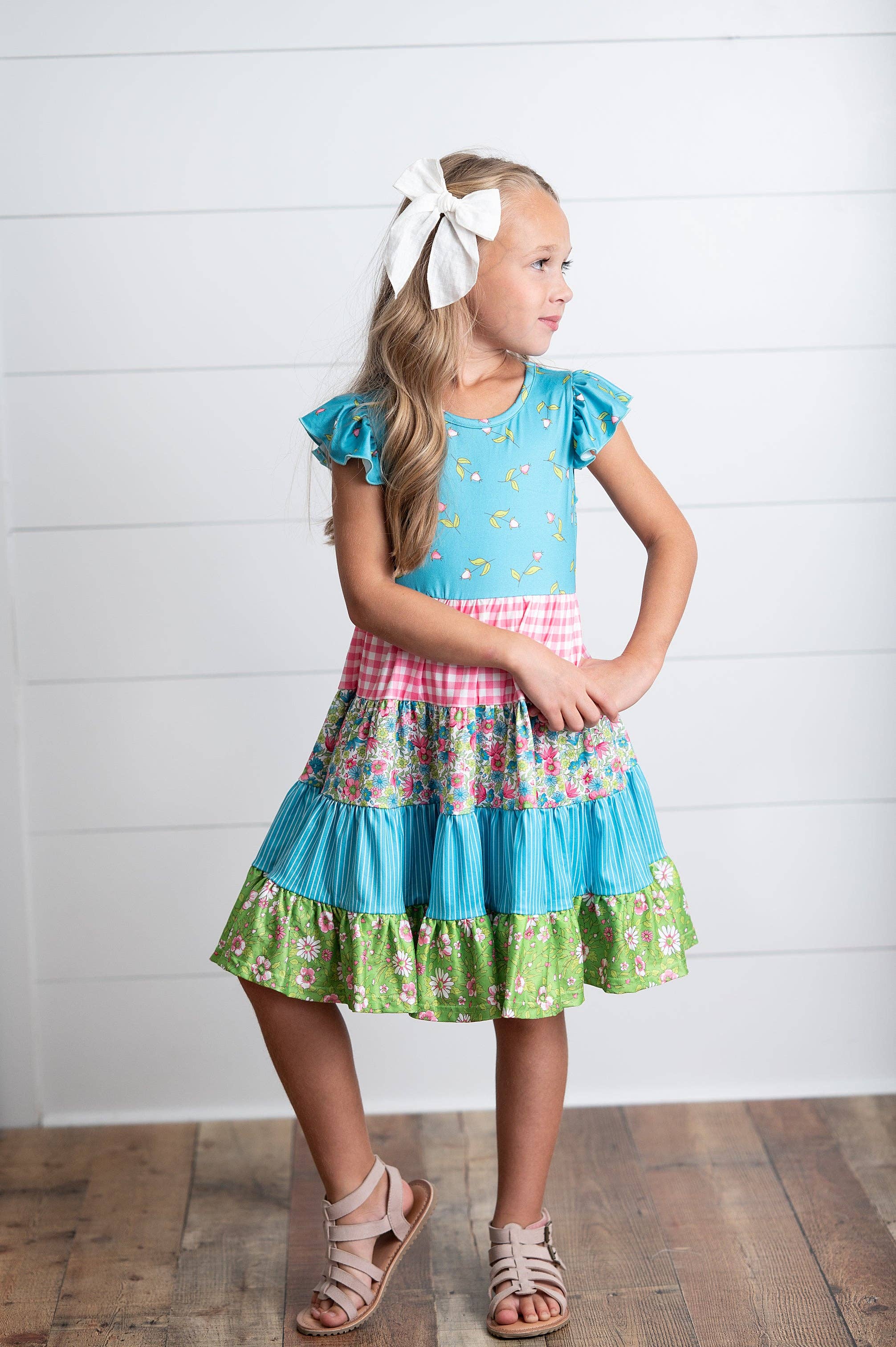 Girls Ava Twirl Teal Floral Check Tiered Spring Easter Dress