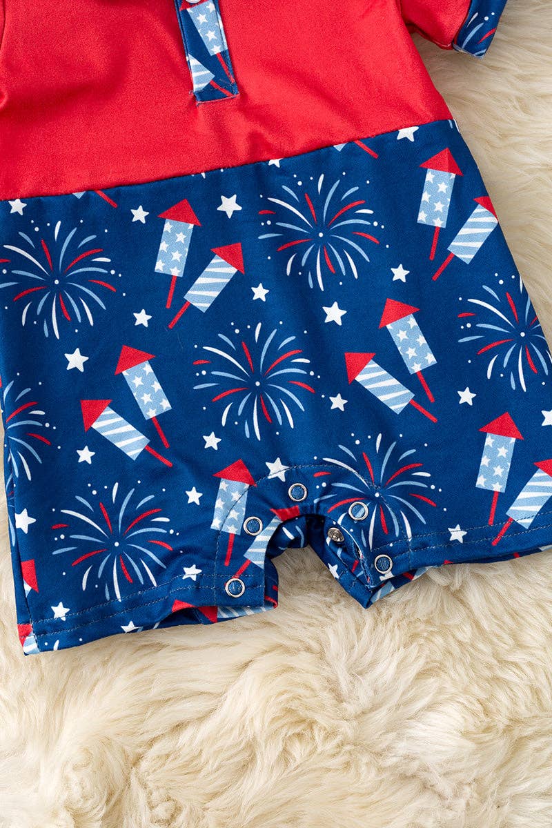 Red & navy blue patriotic baby romper with snaps. RPB60254 AMY