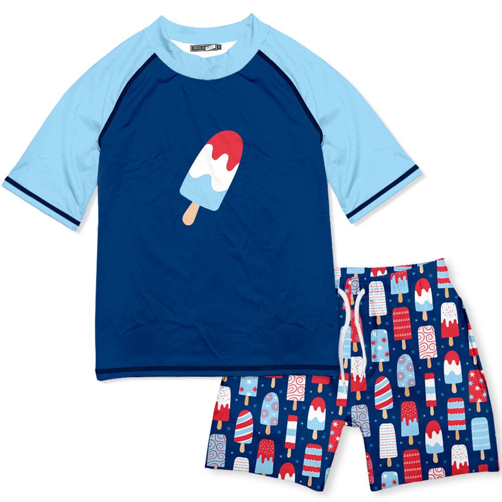 Boys Swim Navy Popsicle Short-Sleeve Rashguard Set